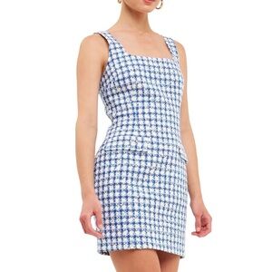 ENDLESS ROSE Blue Tweed Mini Dress Sleeveless Square Neck Preppy Chic S